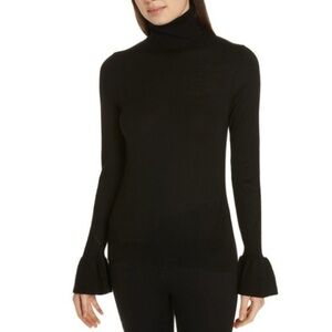 Co Essentials Women's Black Wool Bell-Sleeve Mock-Neck Sweater‎ Top Sz S